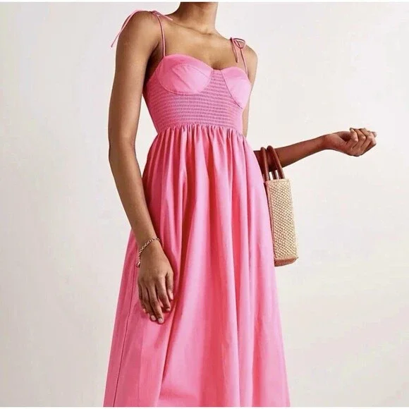 STAUD Landry Shoulder-Tie Smocked Maxi Dress L Wedding Guest Picnic Romantic